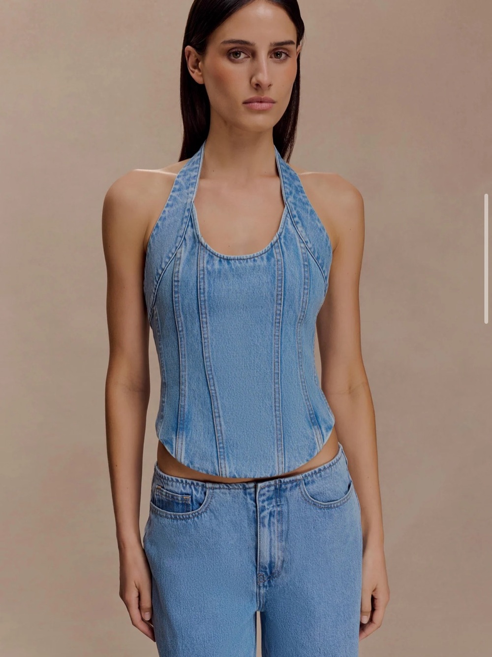 NWT. Meshki Classic Blue Denim Corset Halter Top. Size L